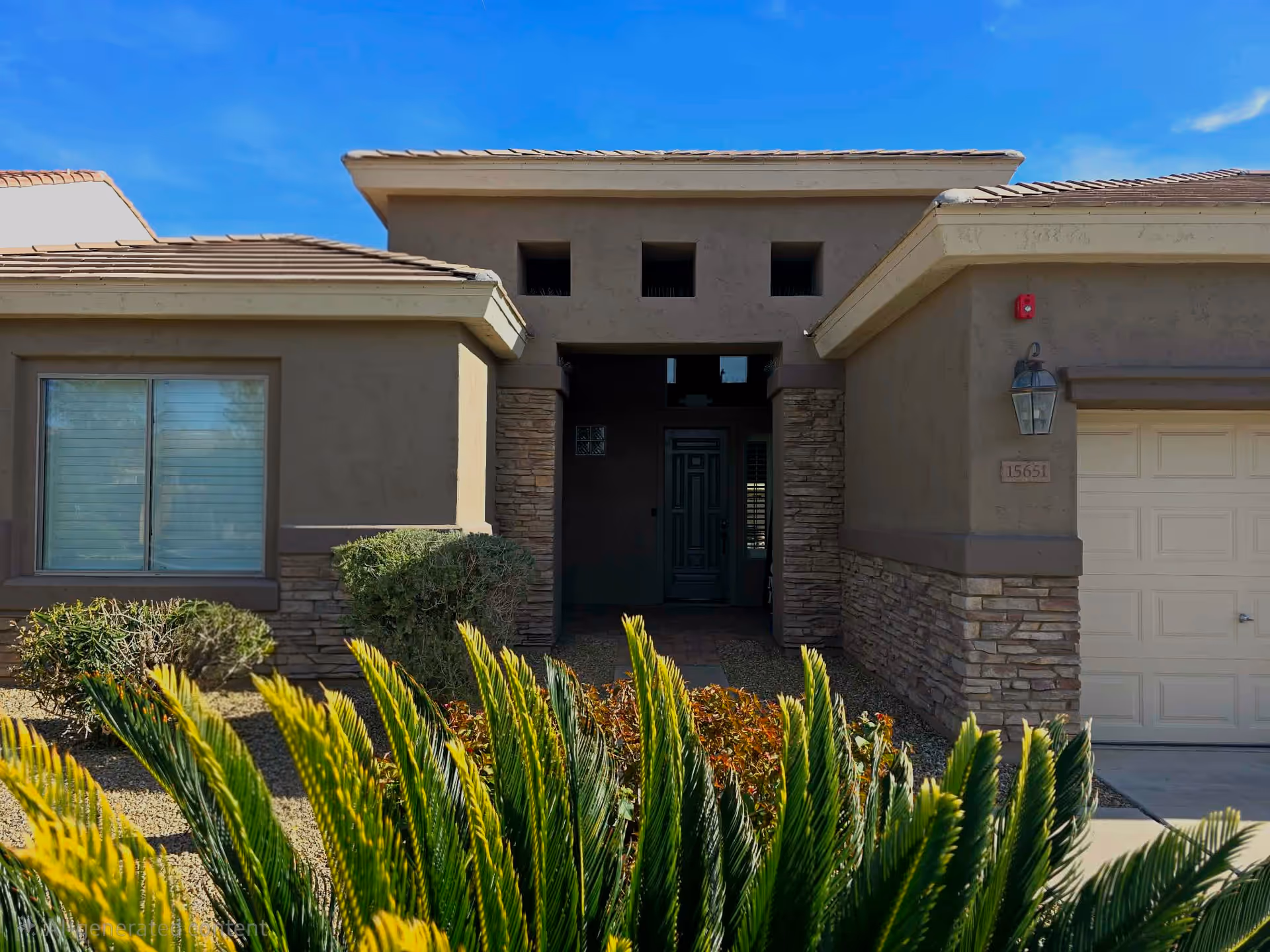 Front view of a single-story senior living facility entrance with desert landscaping.