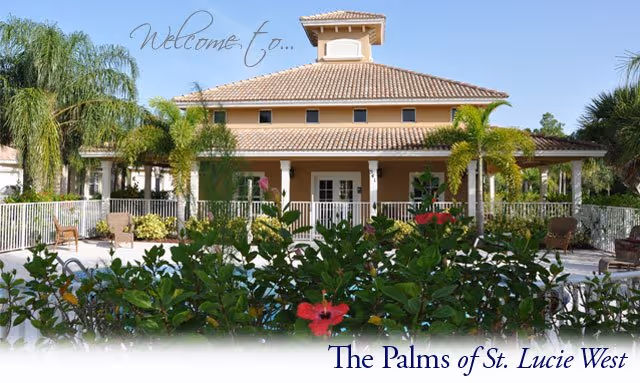 Exterior view of The Palms at St. Lucie West with palm-lined entrance.