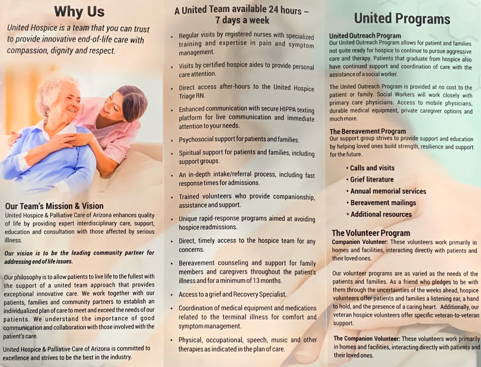 Tri-panel hospice care display featuring a caregiver with an elderly woman on the left.