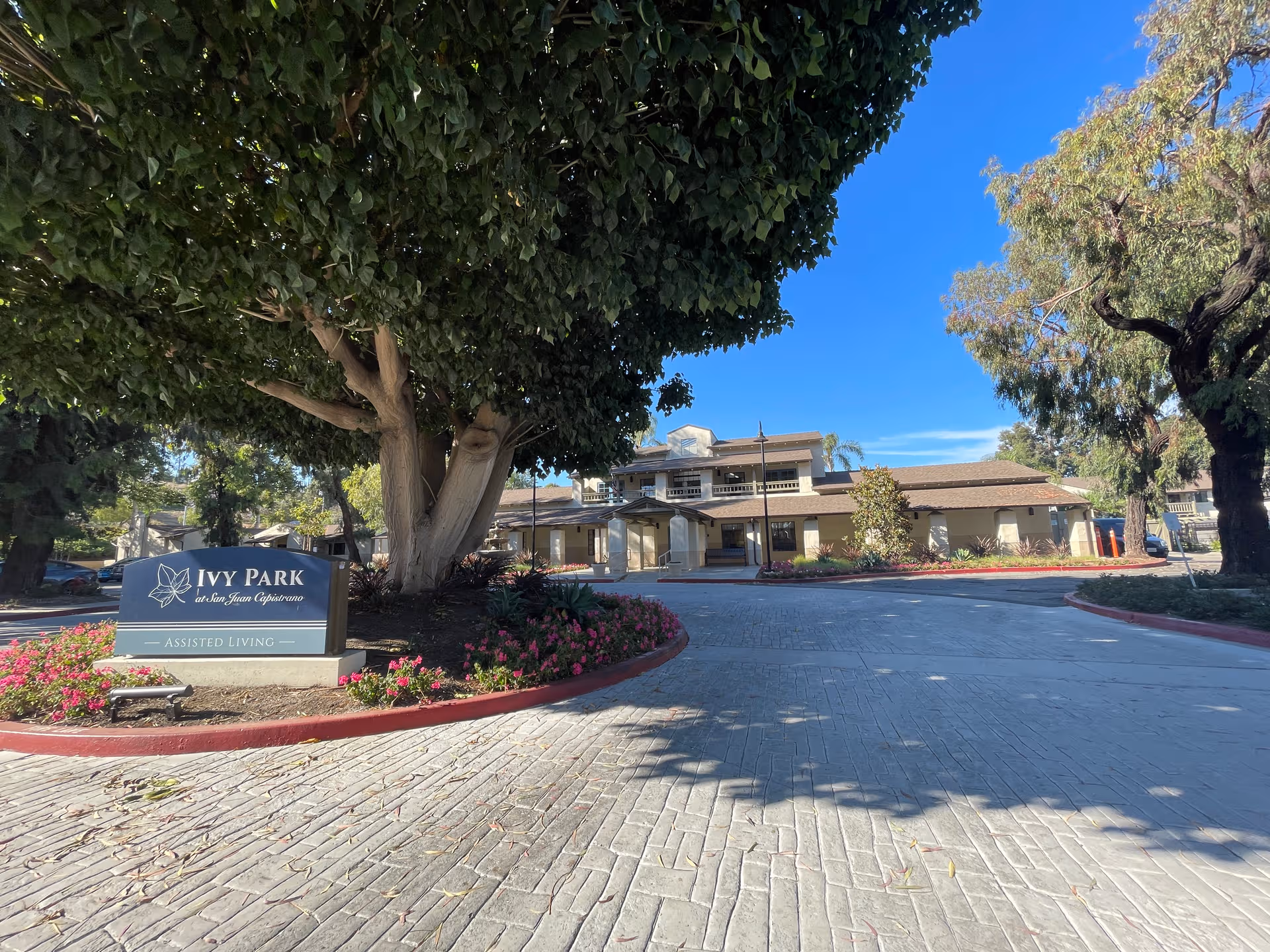 Exterior view of Ivy Park Senior Living entrance with driveway and landscaped front.