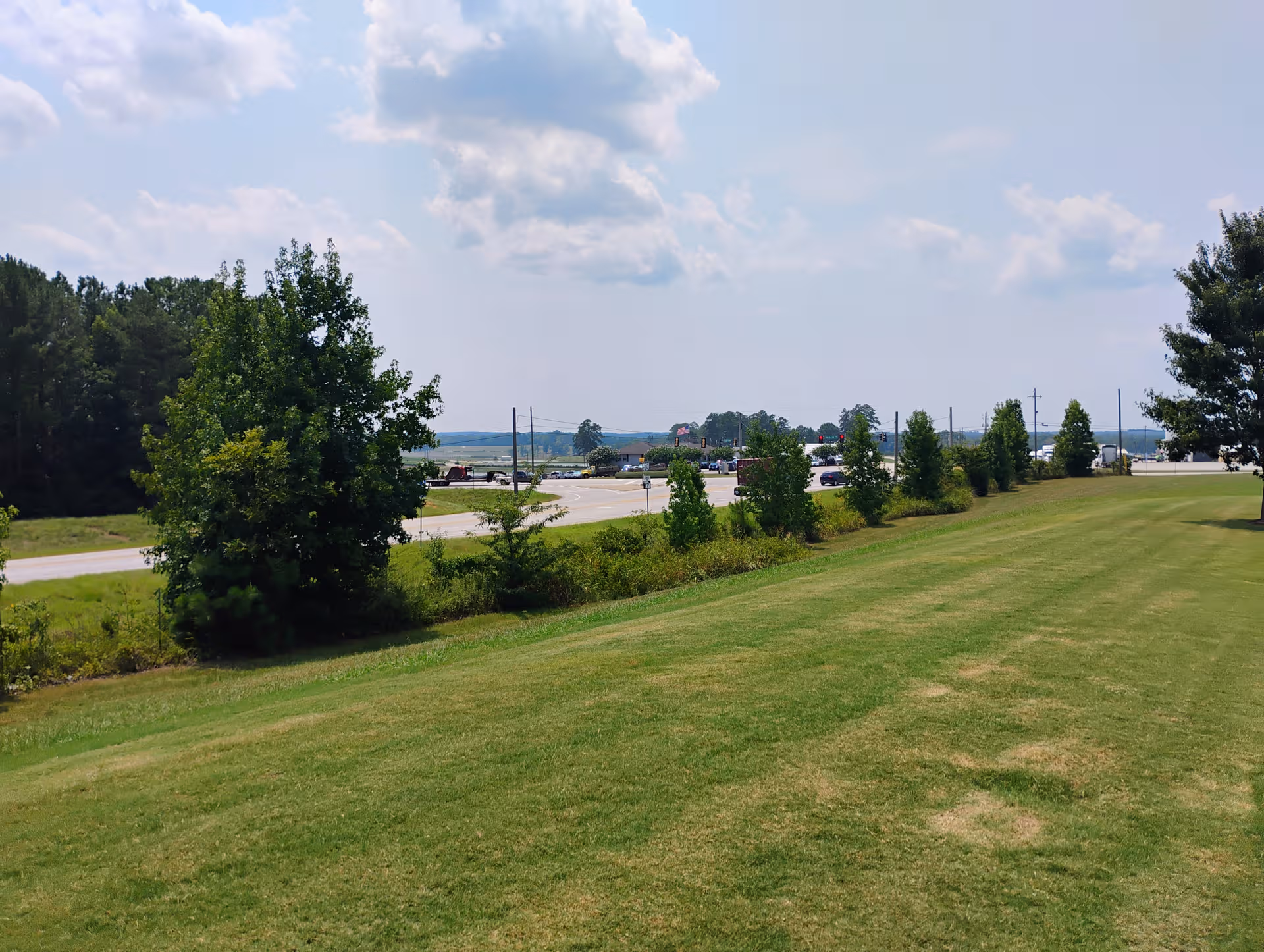 Expansive grassy lawn with trees lining a road and distant buildings.