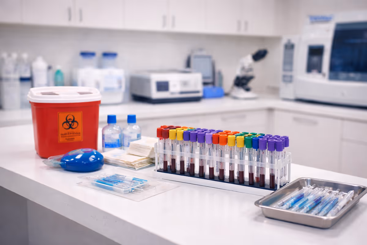 Clinical laboratory bench with blood sample tubes, a red biohazard container, and pipettes.