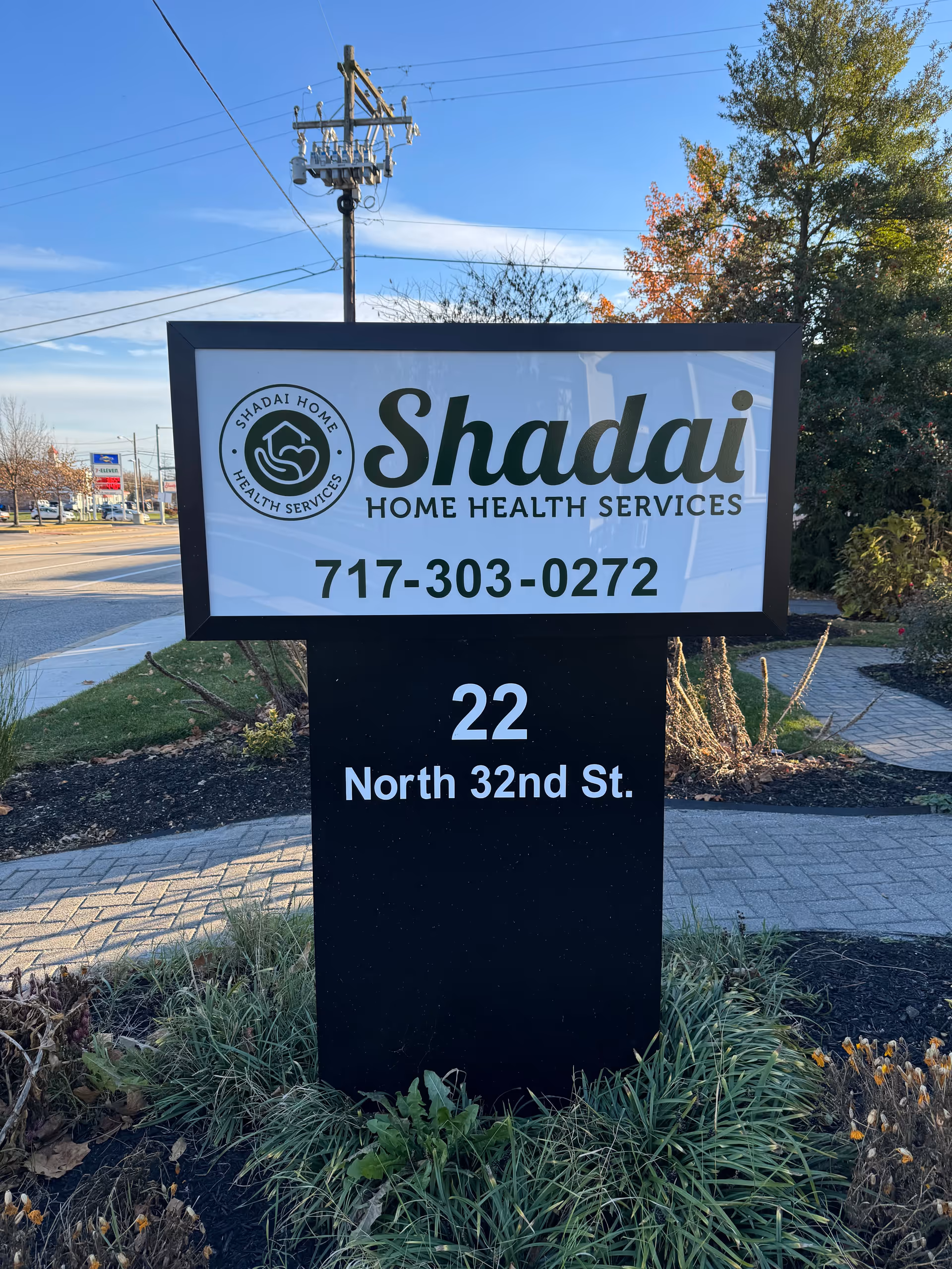 Outdoor sign reads Shadai Home Health Services, phone 717-303-0272, 22 North 32nd St.