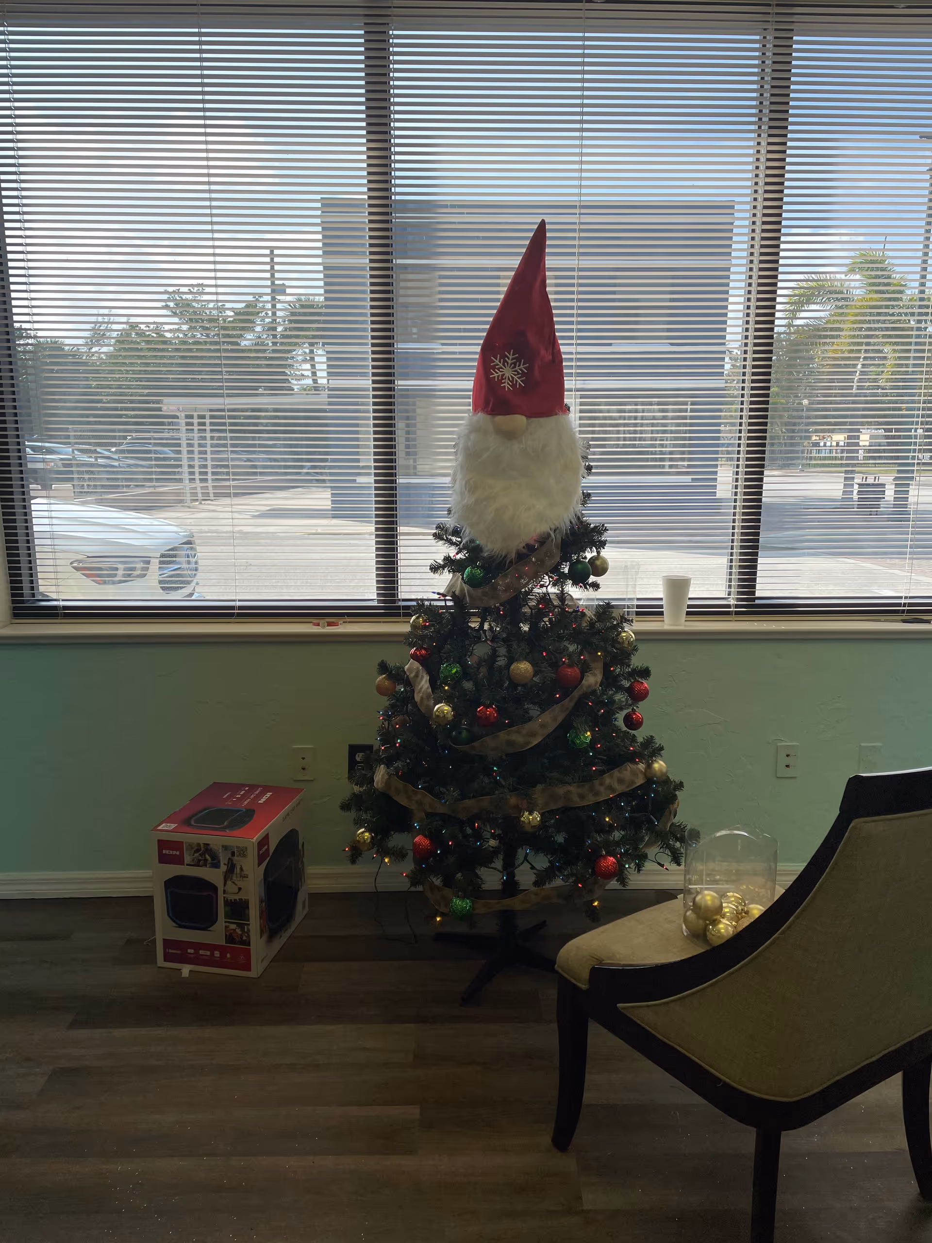 Decorated Christmas tree beside a window in the Brighter Care Adult Day Care Center lobby.