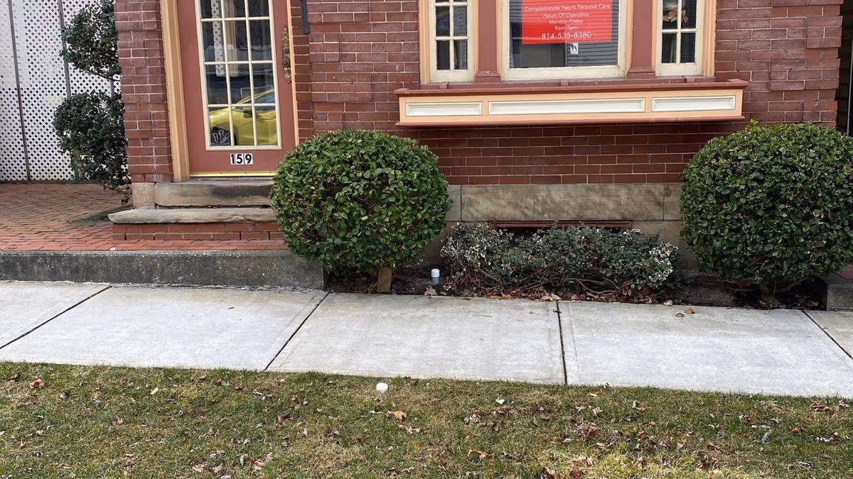 Front entrance of a brick building with trimmed shrubs and a sidewalk.