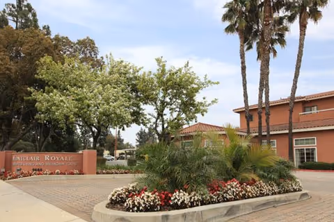 Exterior view of Montclair Royale with landscaped entrance, palm trees, and a brick building.