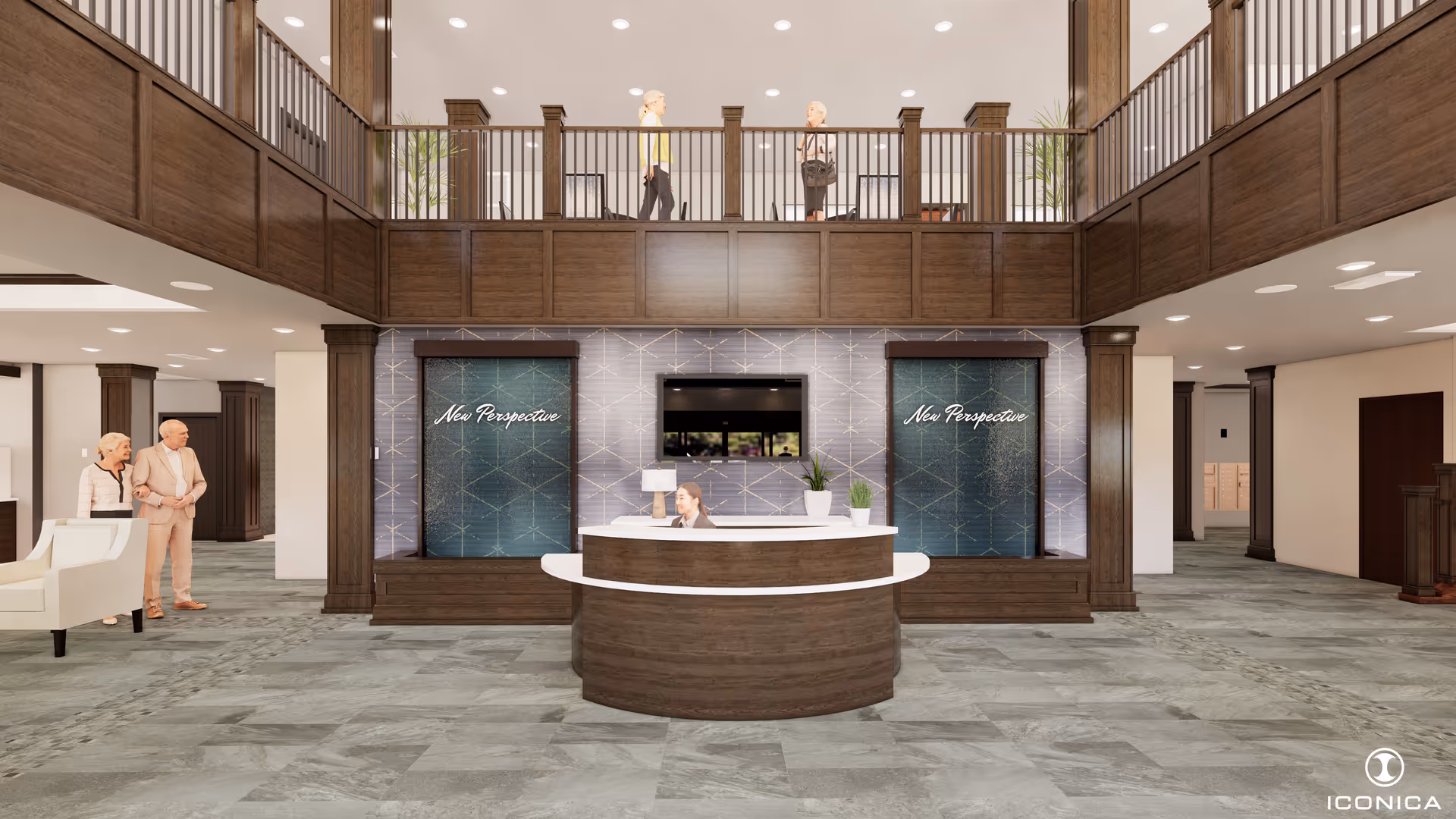 Lobby reception with curved wooden desk, New Perspective signage, and residents nearby in a bright interior.