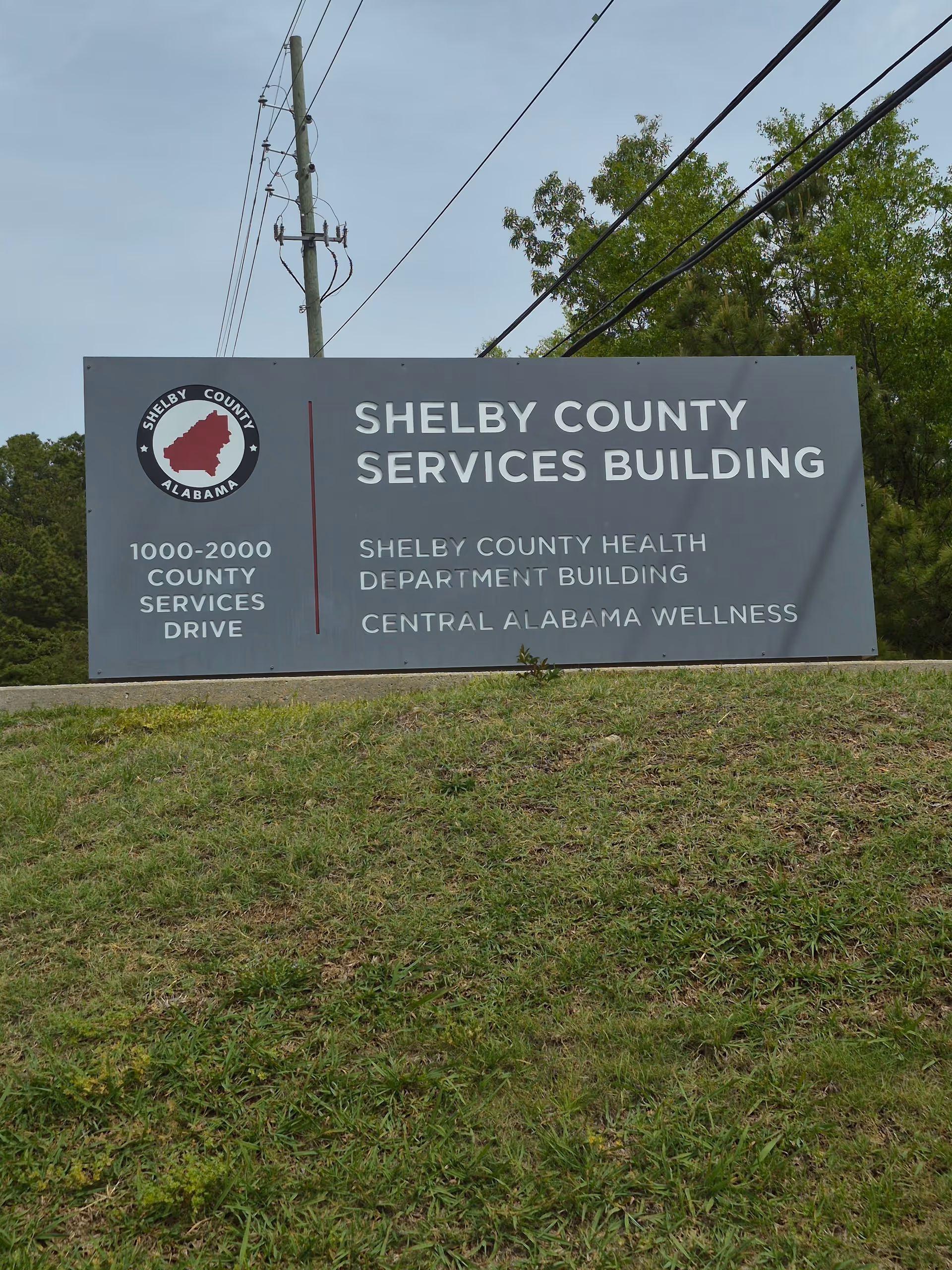 Large Shelby County Services Building sign on grassy slope with trees and power lines.