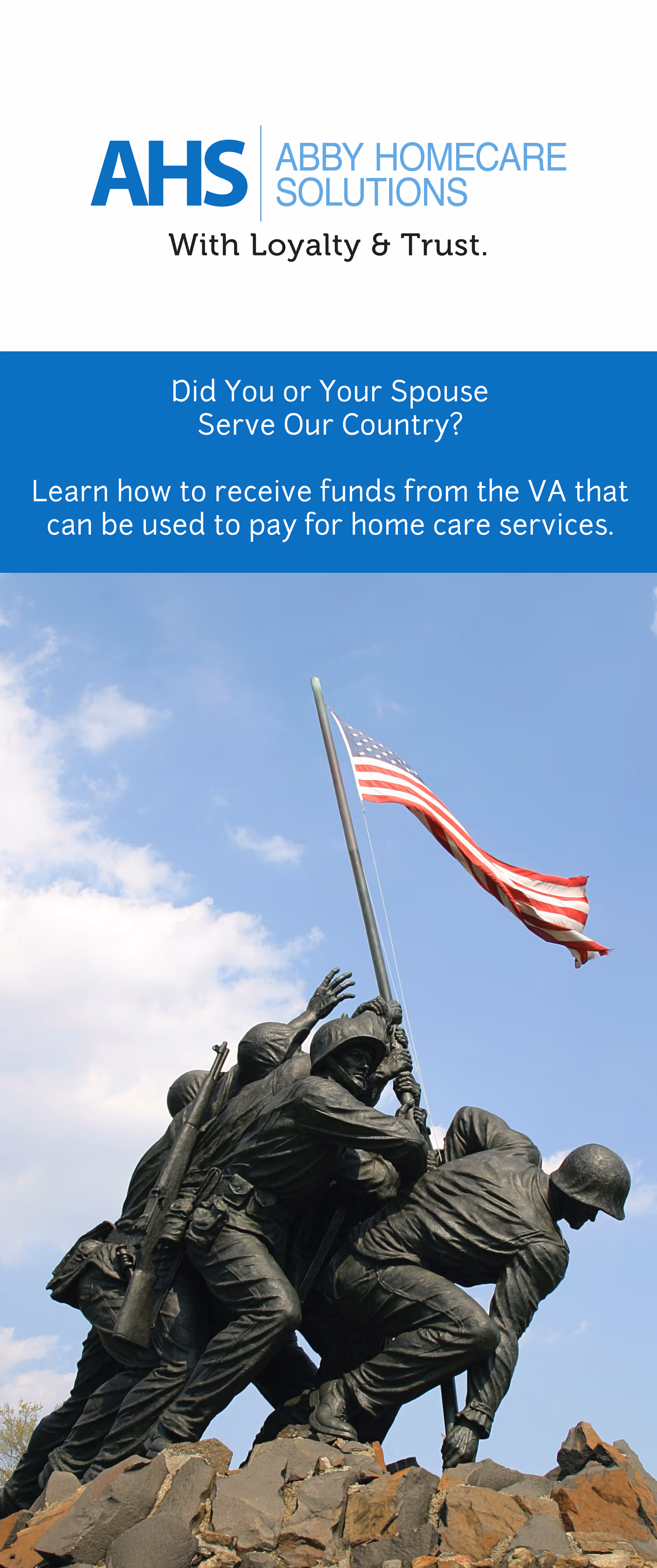 Abby Homecare Solutions logo, blue banner, and a war memorial statue with American flag.