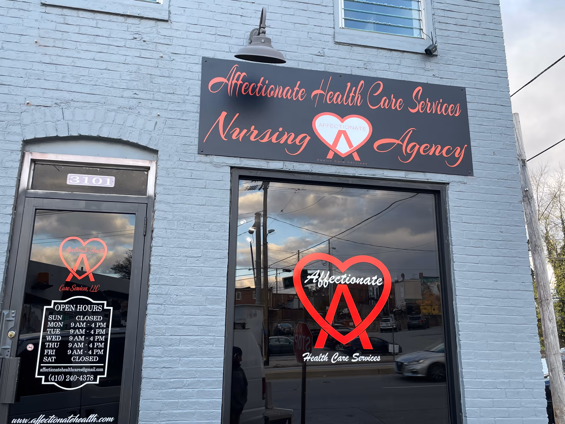Blue brick storefront with a large sign for Affectionate Health Care Services Nursing Agency.
