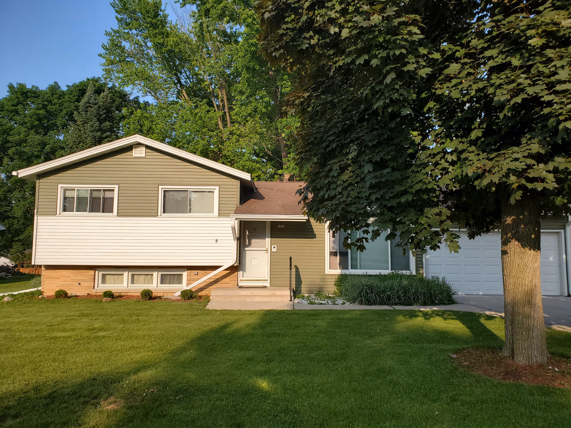A suburban house with a manicured lawn, large tree, and attached garage.