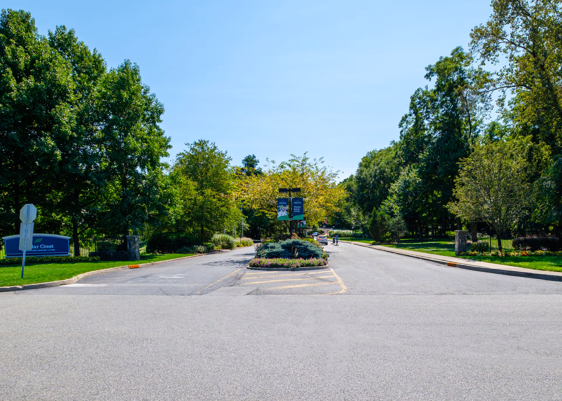 Entrance road to Cedar Crest senior living facility lined with green trees and landscaped bushes under a clear blue sky.