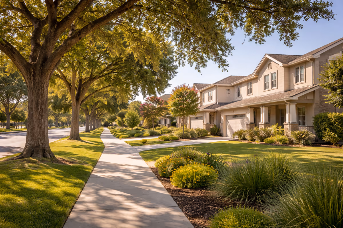 Sunlit street with manicured lawns, trees, and beige townhome-style senior living buildings.