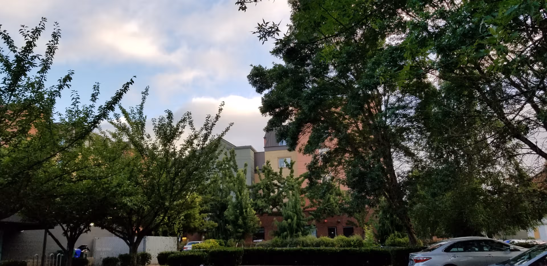 A multi-story brick building partially obscured by trees and cars in a landscaped exterior setting.