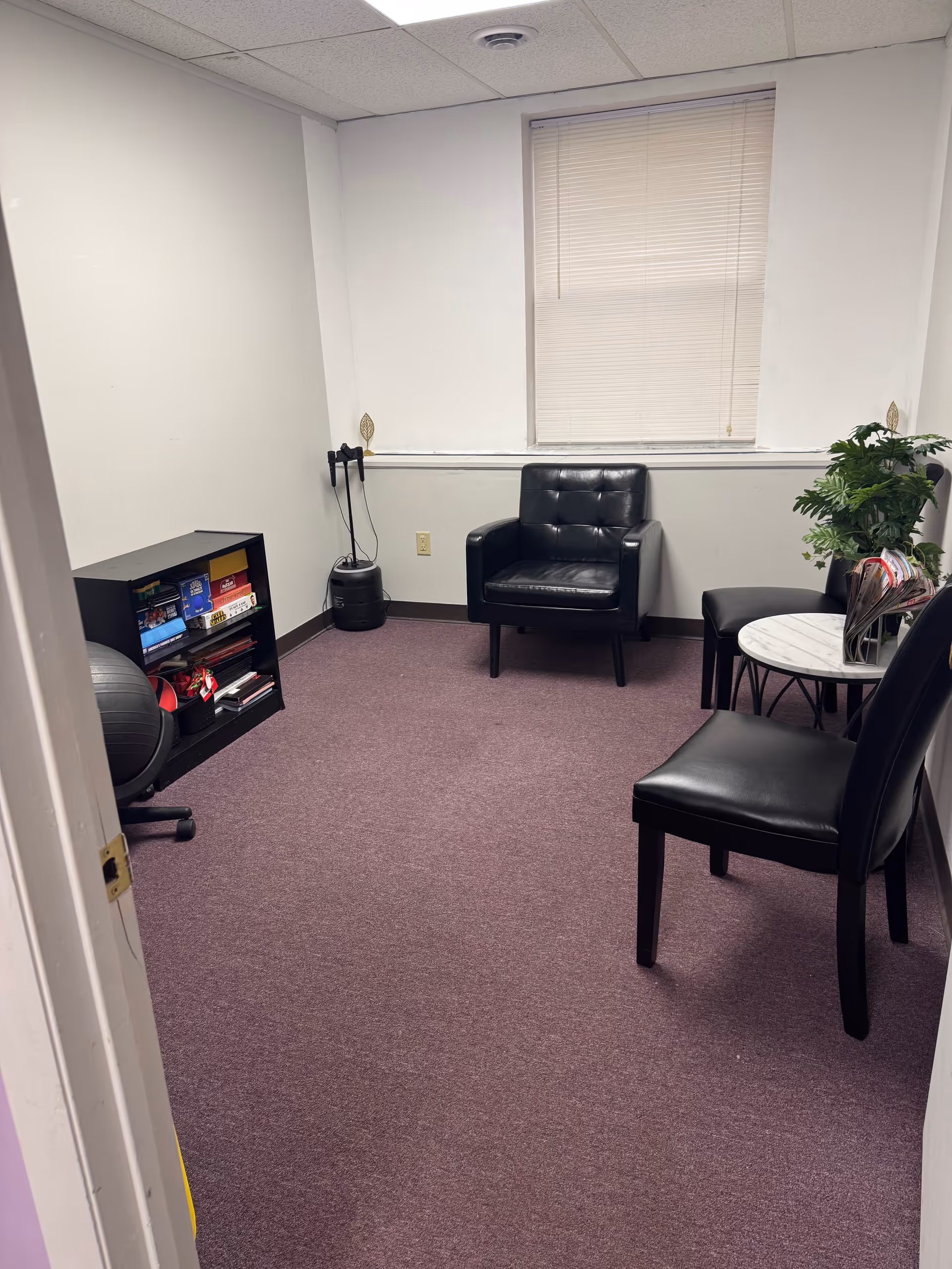 Small interior lounge with black chairs, a round table, bookshelf, blinds, and plant.