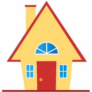 Cartoon illustration of a yellow house with red roof and blue windows