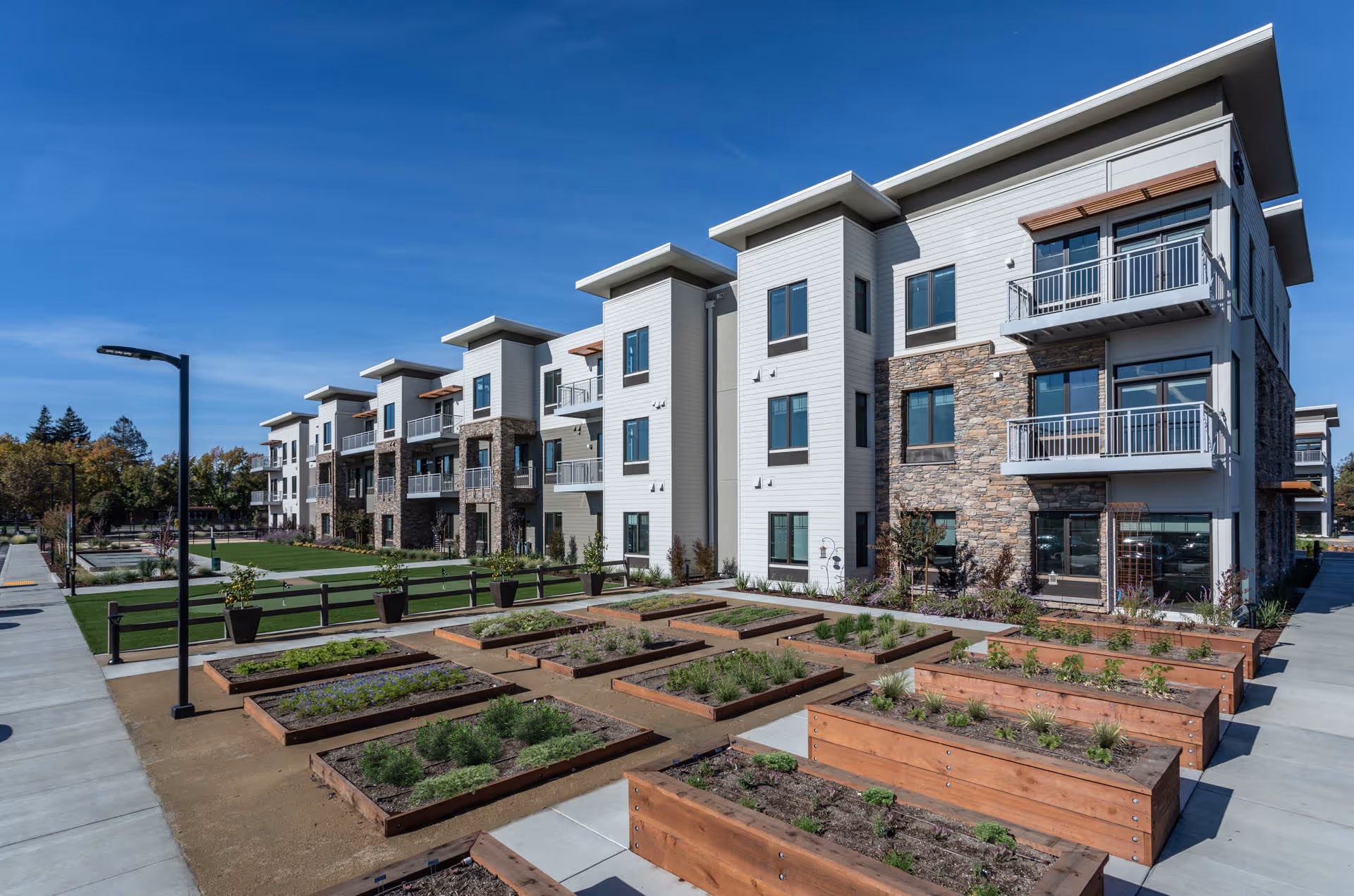Three-story modern senior living building with balconies overlooking raised garden beds and walkways under a clear blue sky.