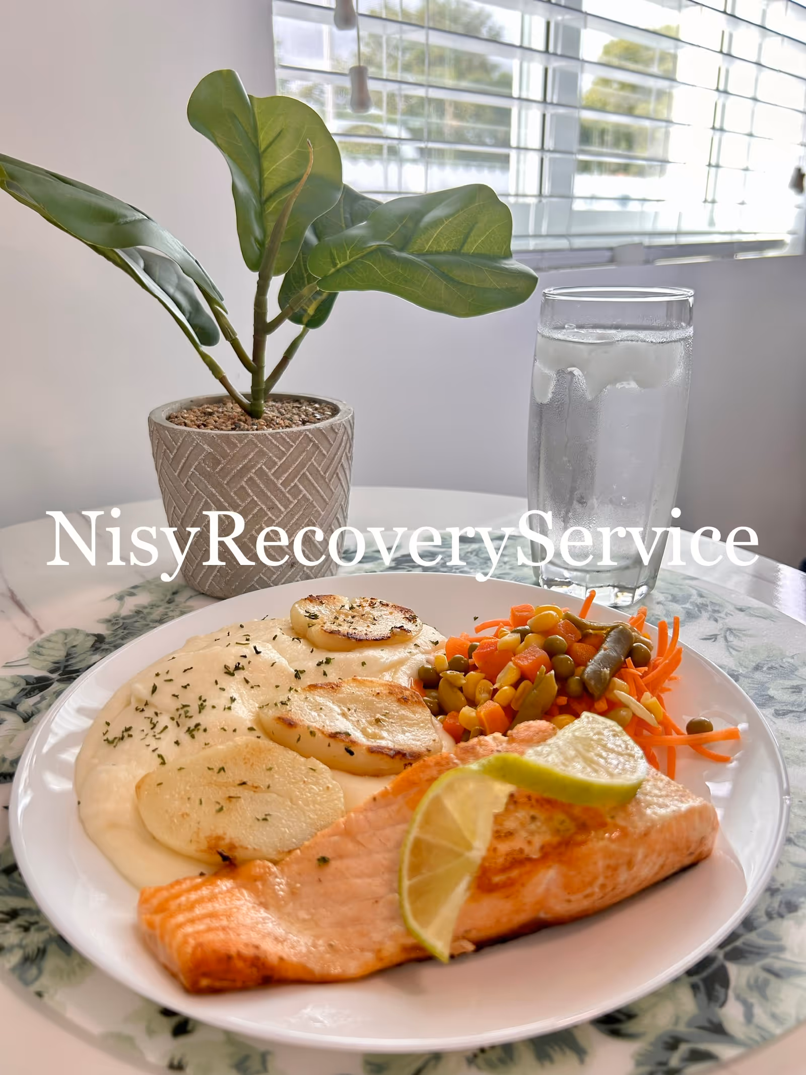 A plated salmon meal with vegetables on a table beside a potted plant.