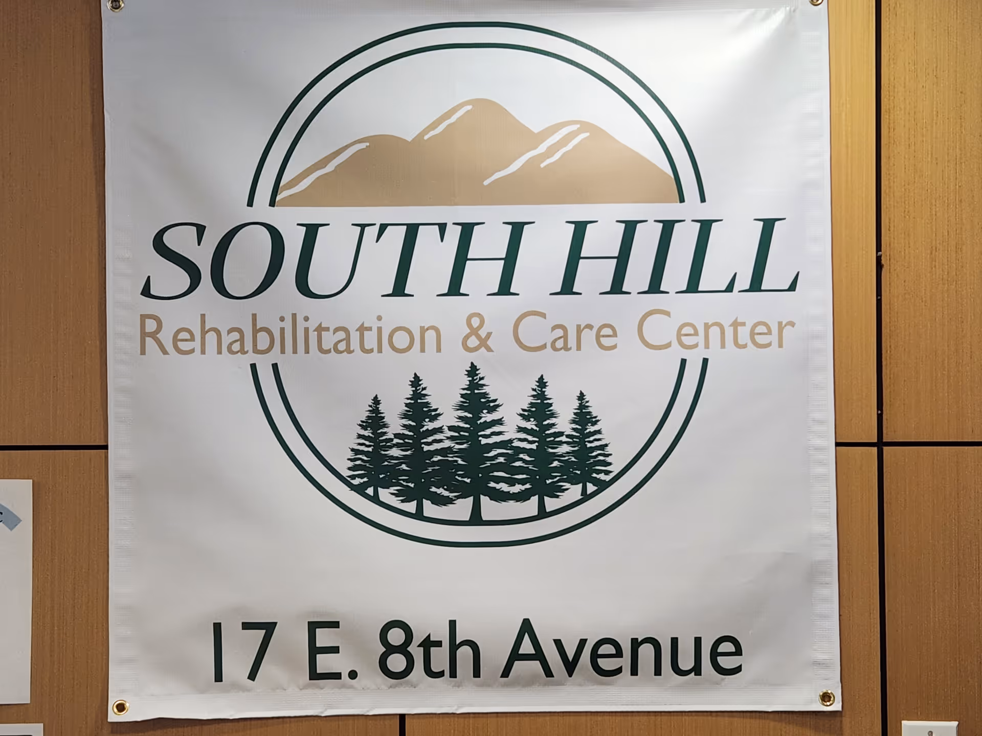 Banner reads South Hill Rehabilitation & Care Center with mountain logo.