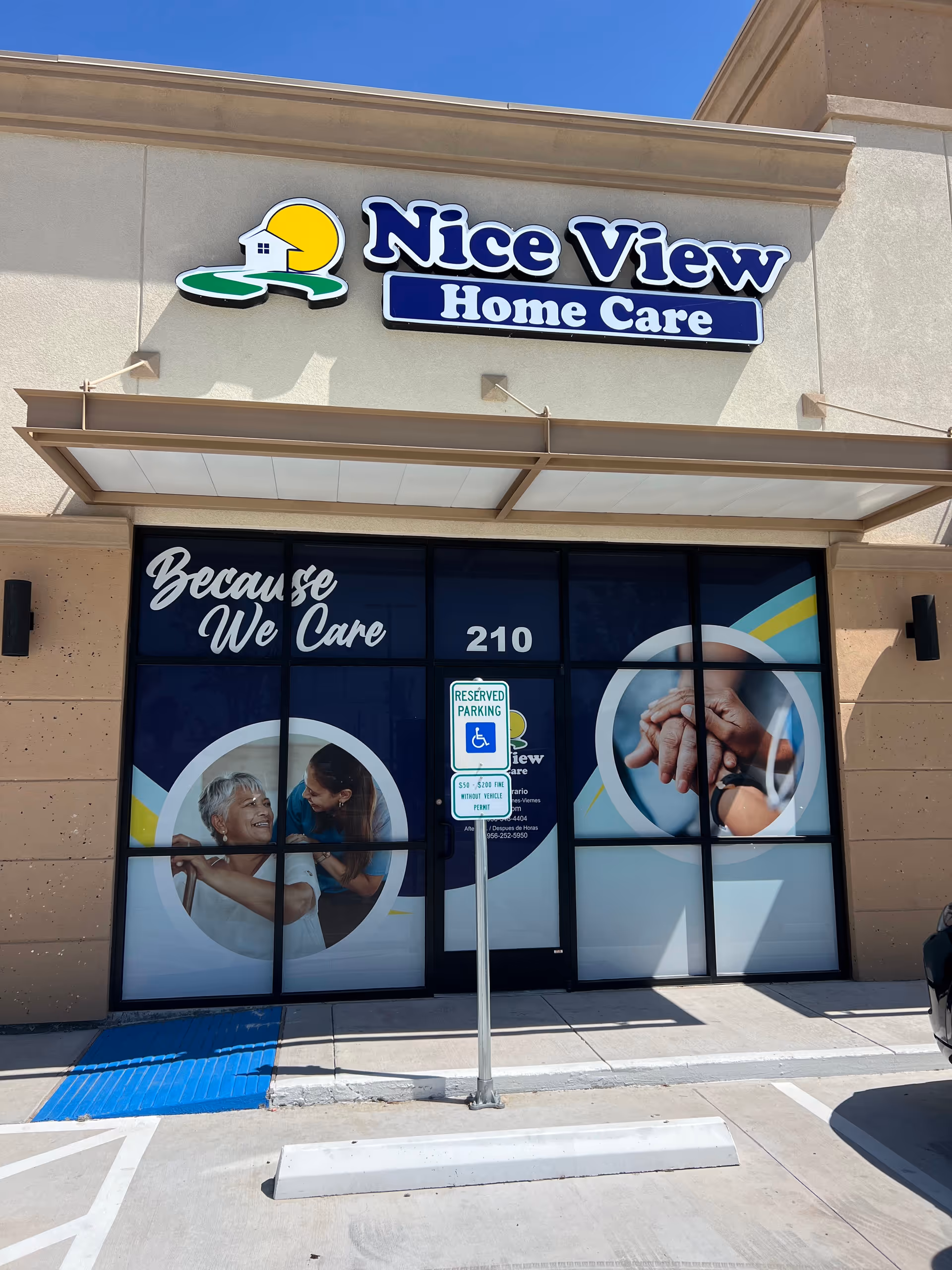 Front of Nice View Home Care storefront with signage and window graphics