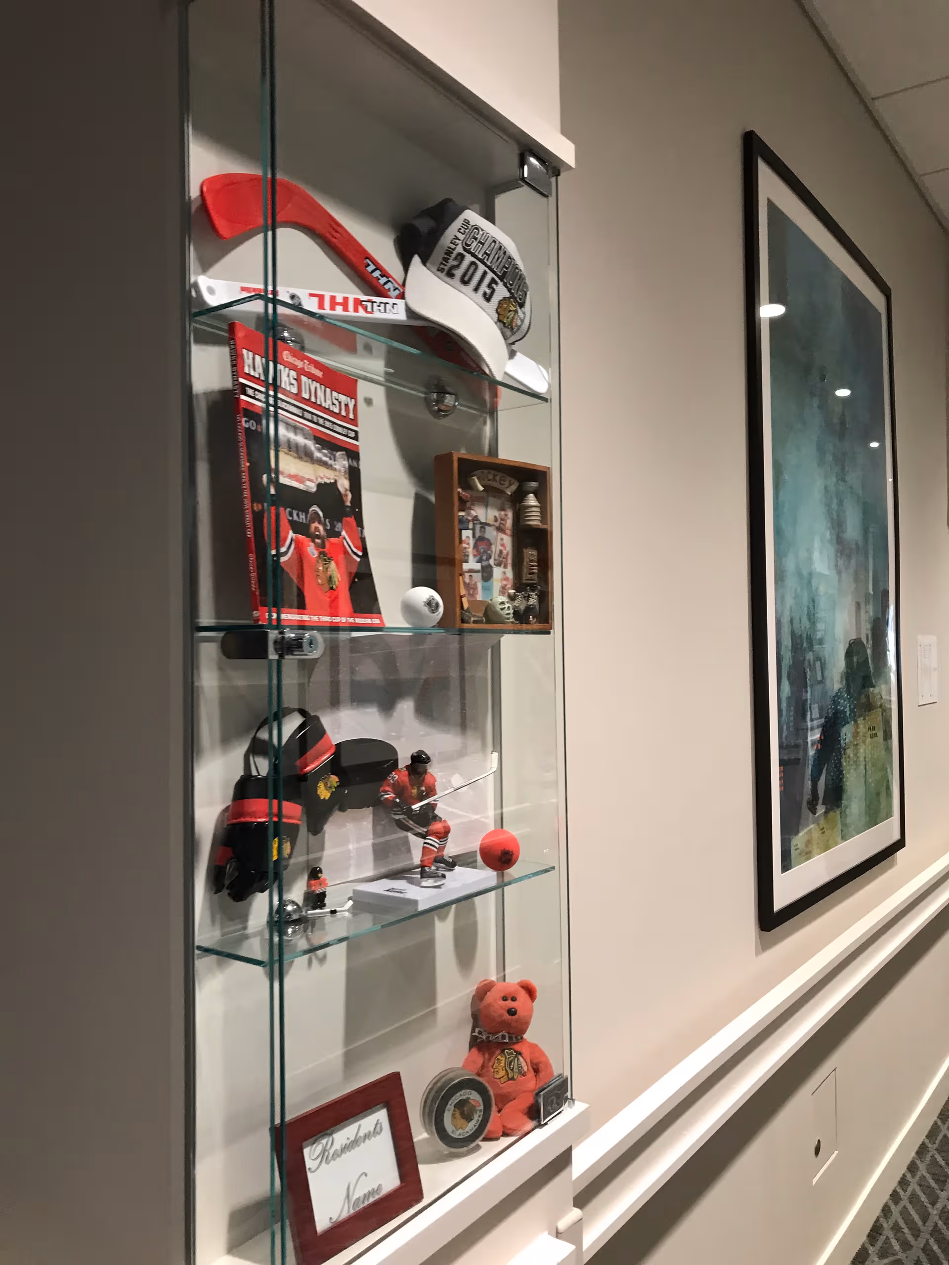 Glass display cabinet with sports memorabilia and a framed picture on the wall in a hallway.