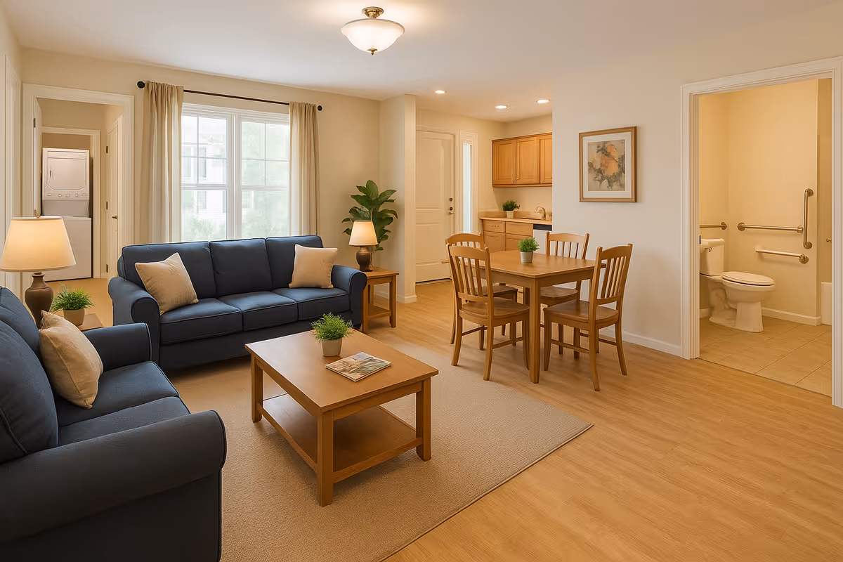 Bright open living area with blue sofas, a wooden dining table, and a bathroom.