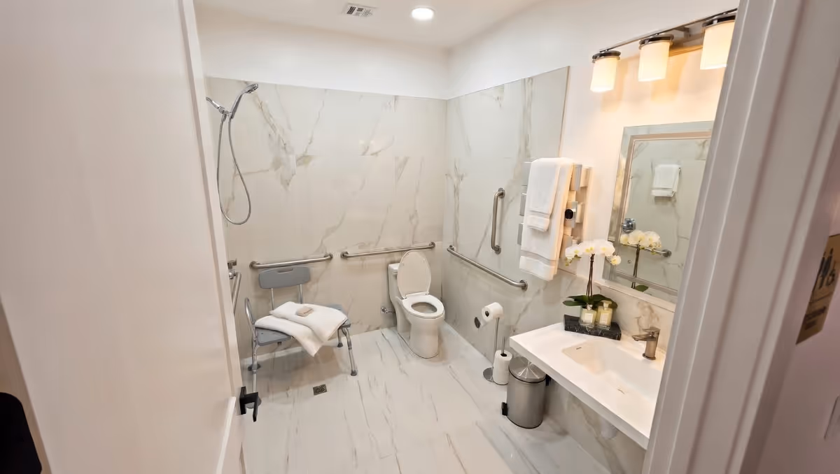 Marble-tiled accessible bathroom with toilet, shower chair, grab bars, and sink.