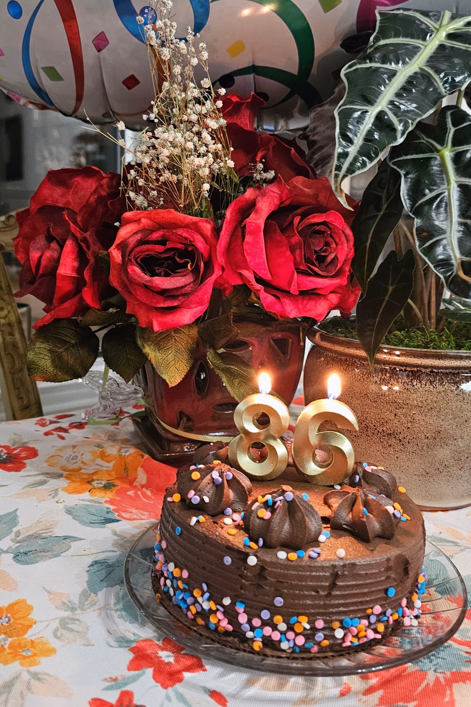 Chocolate birthday cake with 86 candles and colorful sprinkles on a floral table indoors.