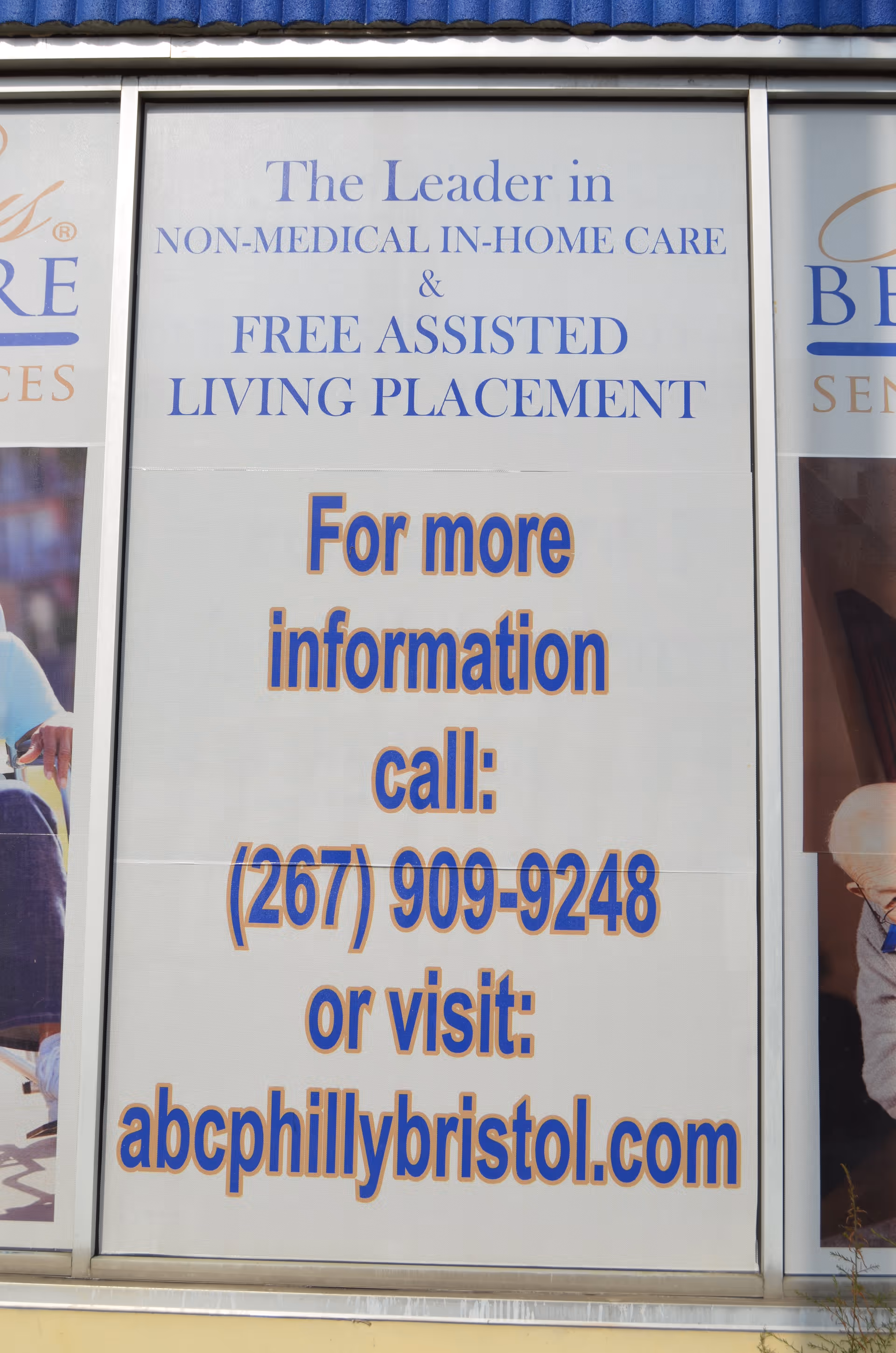 Storefront window sign advertising non-medical in-home care and assisted living placement.