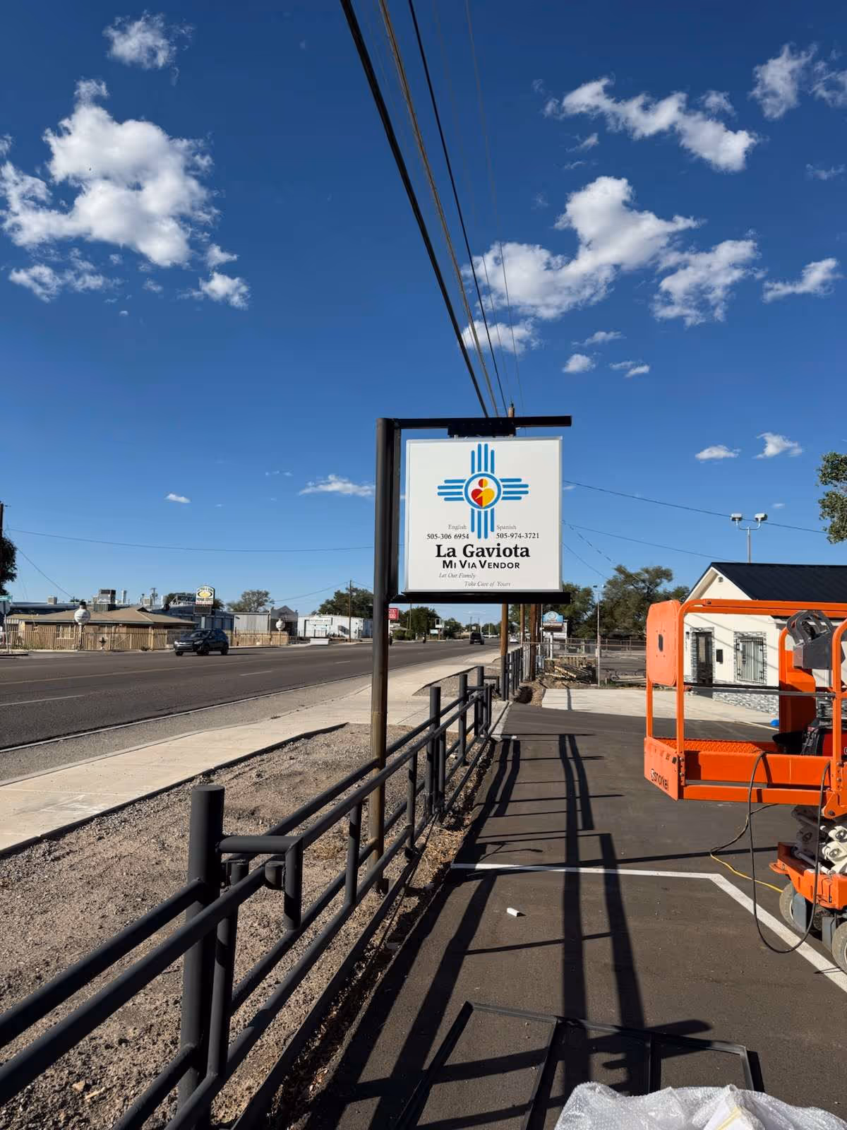 Street view shows La Gaviota NM sign along a sunny sidewalk.