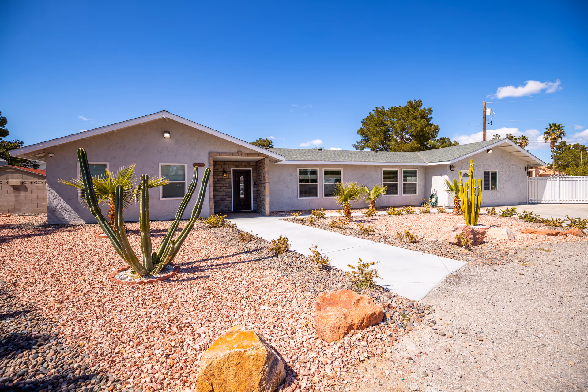 Single-story, light-gray building with desert landscaping and tall cacti in the front yard.