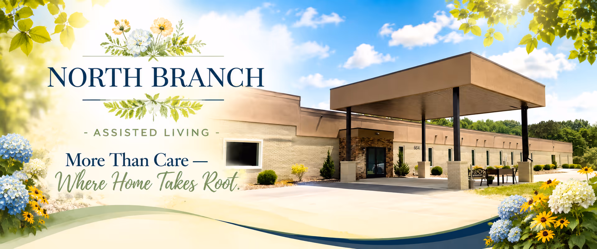 Exterior view of the North Branch Assisted Living building with entrance canopy and landscaping.