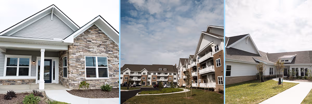 Exterior views of a multi-building senior living community showing building facades, entrances, balconies, and landscaped walkways under a cloudy sky.