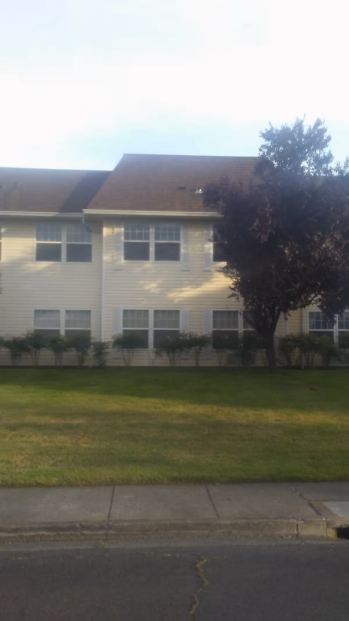 Exterior view of a two-story residential building with a lawn, shrubs, and a tree.