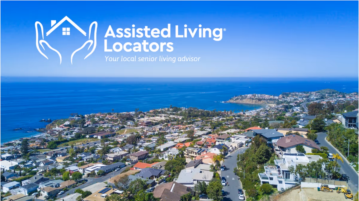 Aerial coastal town view with ocean, houses, and an Assisted Living Locators logo.