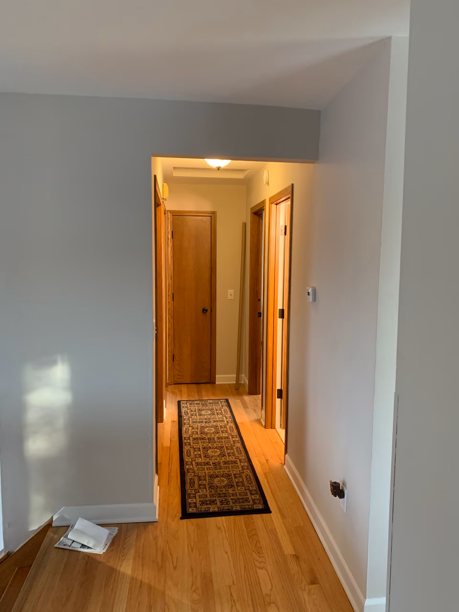 Long hallway with wooden doors, beige walls, and a patterned runner rug.