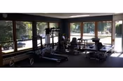 Sunlit rehabilitation gym with exercise machines and large windows overlooking outdoor scenery.