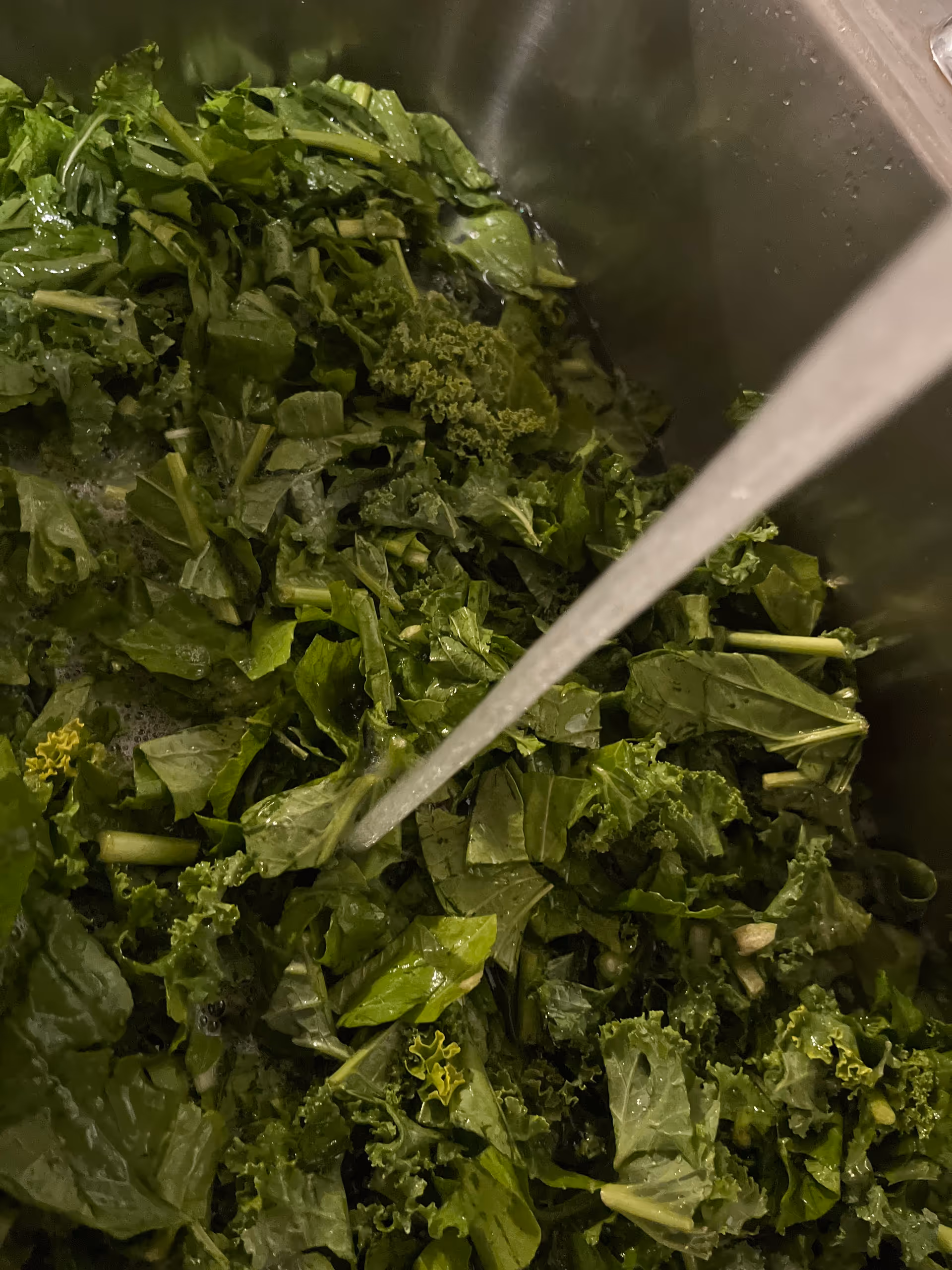Fresh chopped leafy greens in a stainless steel kitchen sink.