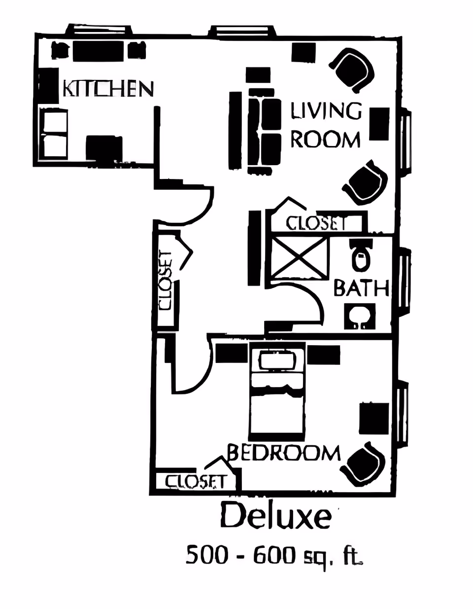 Black-and-white floor plan labeled "Deluxe" of a one-bedroom apartment showing a kitchen, living room, bedroom, bath, multiple closets and "500 - 600 sq. ft."