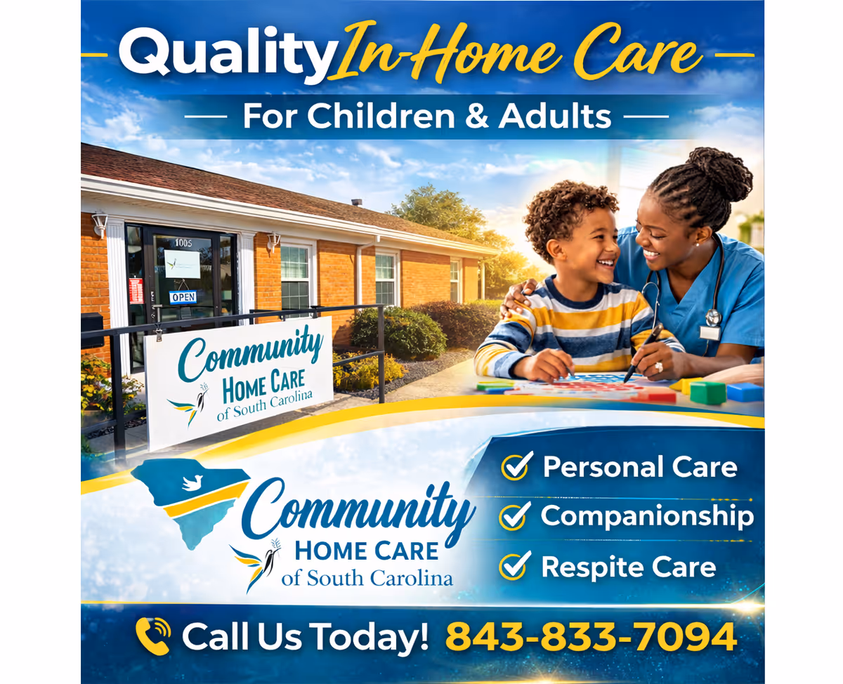 Exterior of a care facility with a caregiver and child beside a promotional banner.