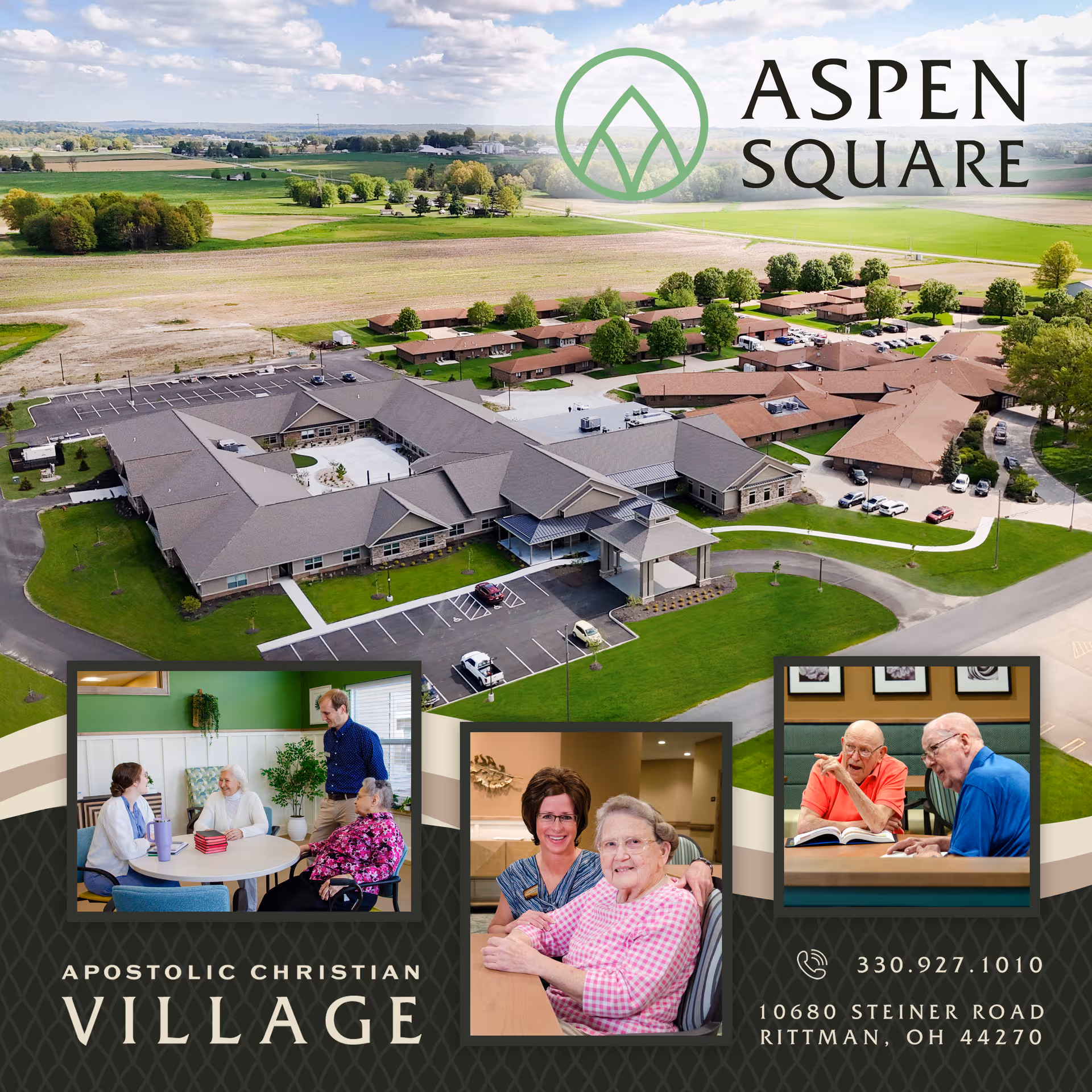 Aerial view of Apostolic Christian Village campus with multiple brown and gray buildings and green landscape