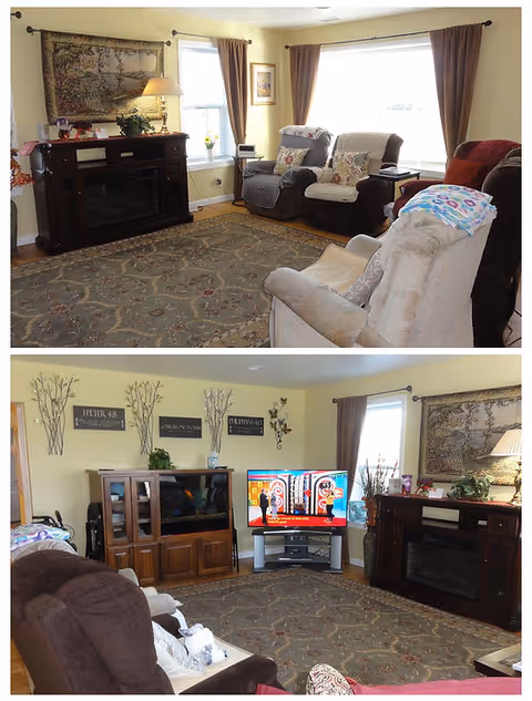 Two-panel view of a senior living room with seating and a TV.