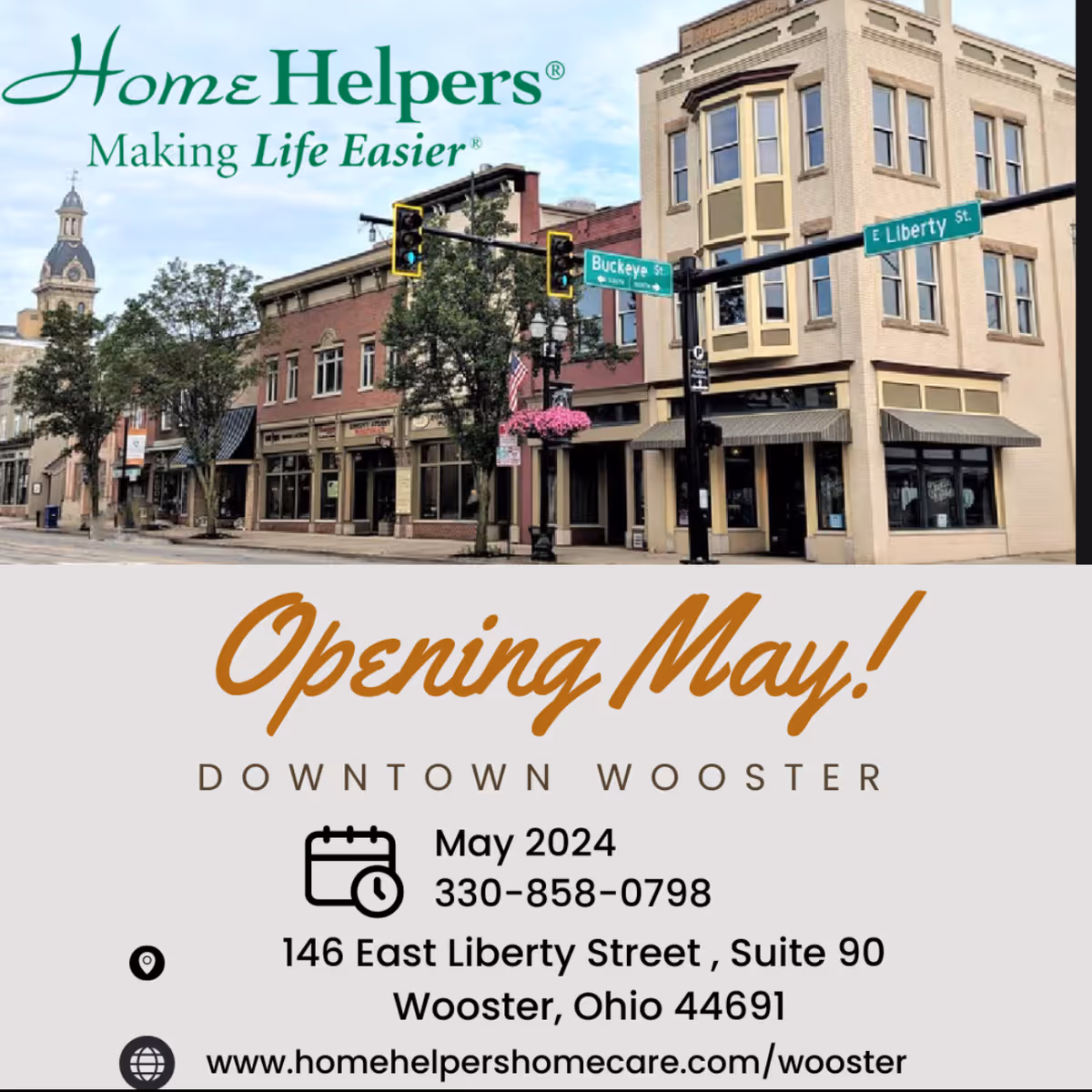 Downtown Wooster storefronts with Home Helpers logo and Opening May banner overlay.