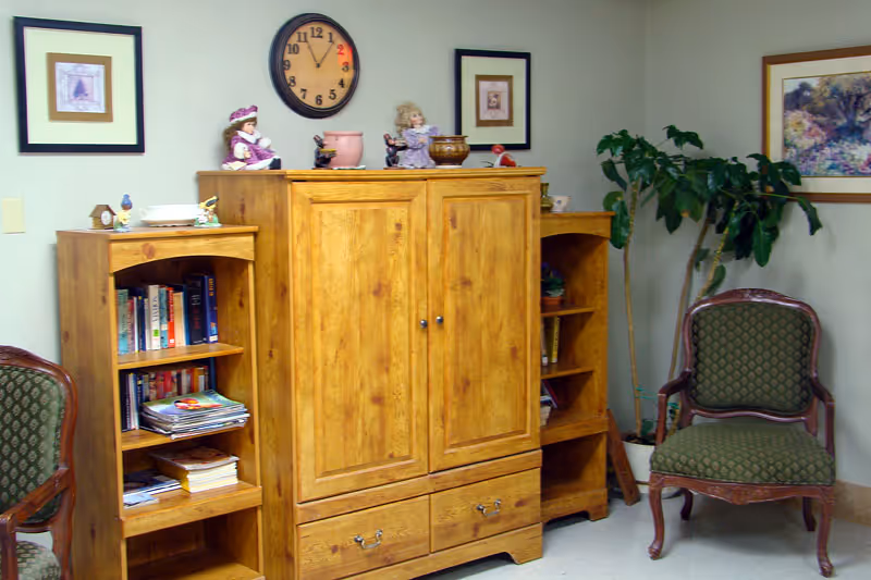 A cozy room with wooden furniture including a central cabinet flanked by two bookshelves filled with books and magazines. Two green upholstered chairs with wooden frames are placed on either side of the furniture. A large potted plant is in the corner, and framed artwork and a clock are hung on the light-colored walls.