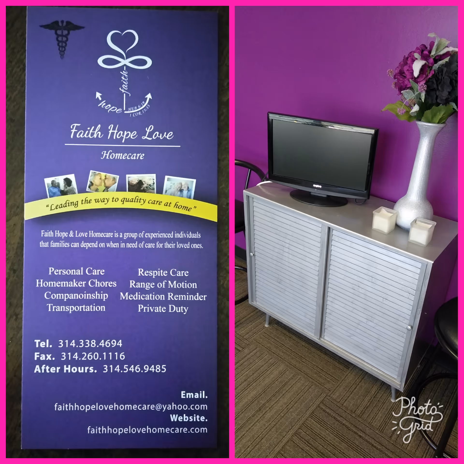 Purple Faith Hope Love Homecare banner beside a TV on a silver cabinet.