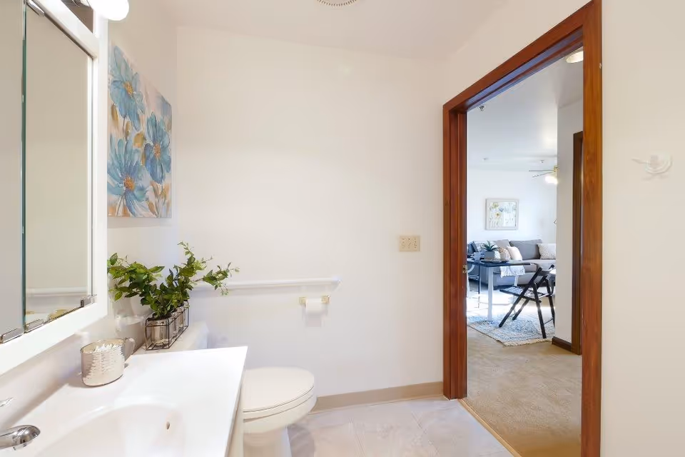White bathroom with sink, toilet, mirror, plant decor, and doorway to living room.