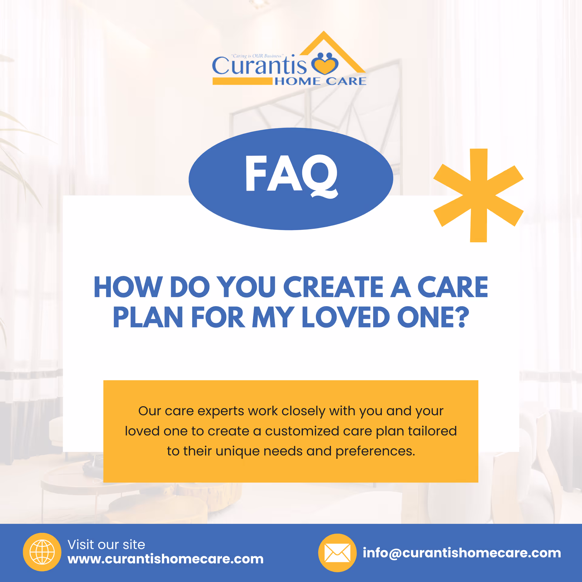 Bright interior space with a large FAQ sign overlay and Curantis Home Care branding.