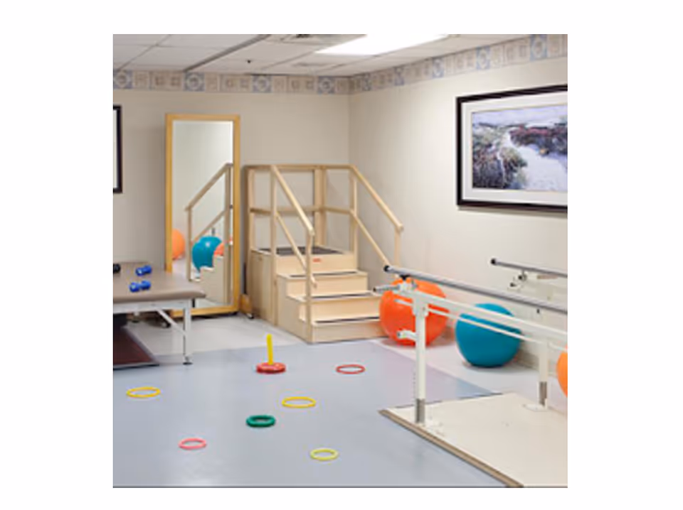 Rehabilitation therapy room with parallel bars, balance equipment, exercise balls, and colorful rings.