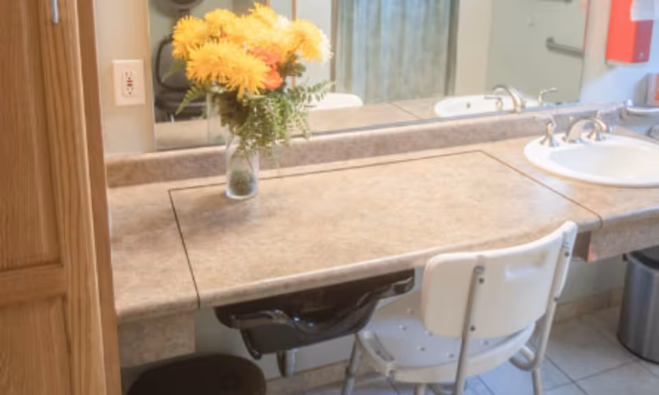 Bathroom vanity with sink, mirror, vase of flowers, and a chair.