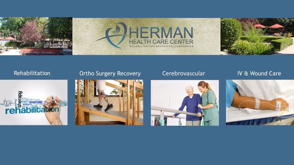 Banner collage for Herman Health Care Center featuring outdoor scenes and four service tiles.
